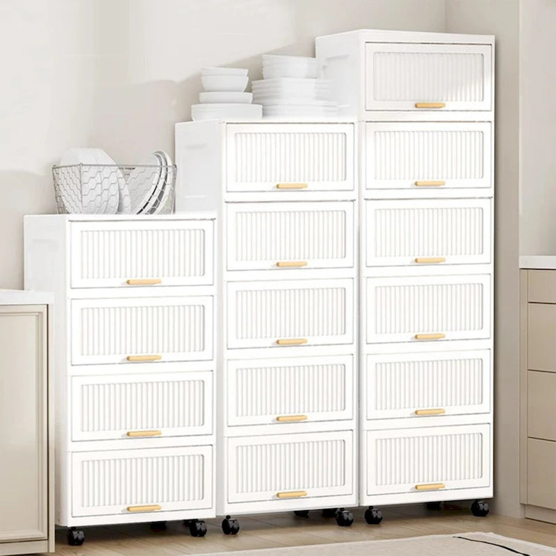 Kuchyňská skříňka, výklopný úložný box s kolečky, pojízdná úložná skříňka, kuchyňská police, pojízdný úložný box – bílý