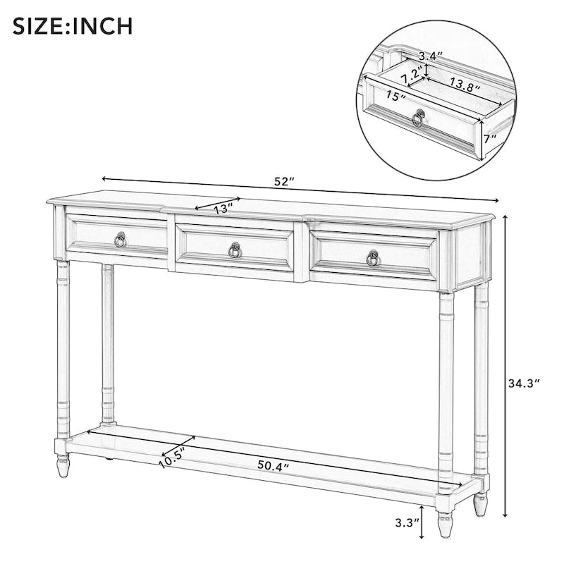 Konzolový stolek/stolek za pohovku se 3 zásuvkami do předsíně – 13,00 x 52,00 x 34,30