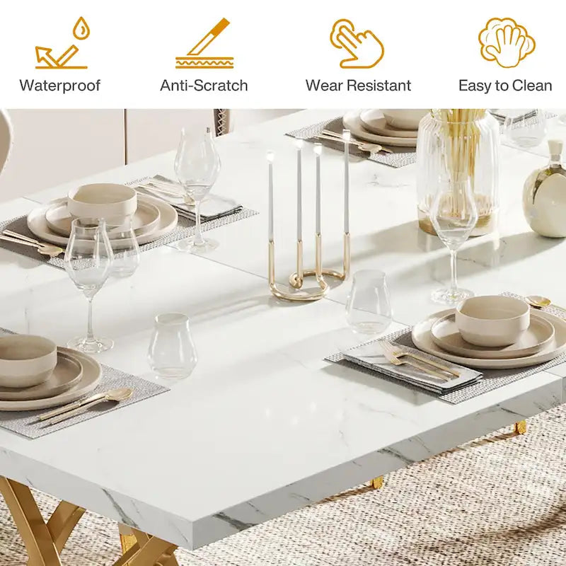 Moderní jídelní stůl pro 4–6 osob, velký kuchyňský stůl o délce 160 cm s deskou z umělého mramoru
