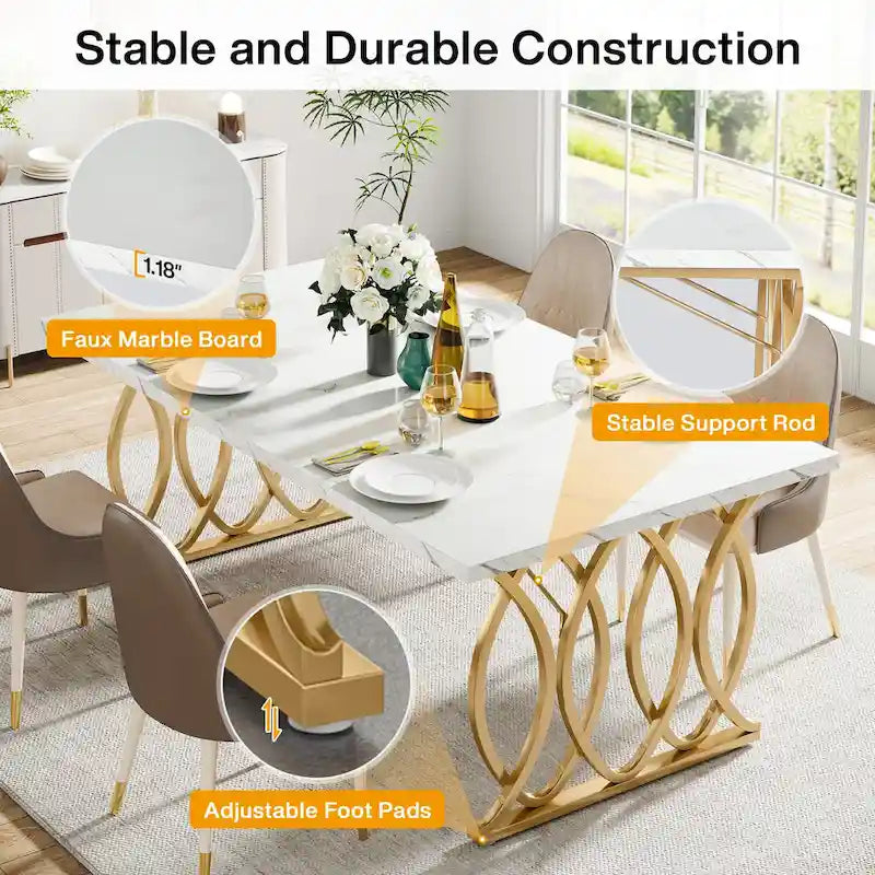 Moderní jídelní stůl pro 4–6 osob, velký kuchyňský stůl o délce 160 cm s deskou z umělého mramoru