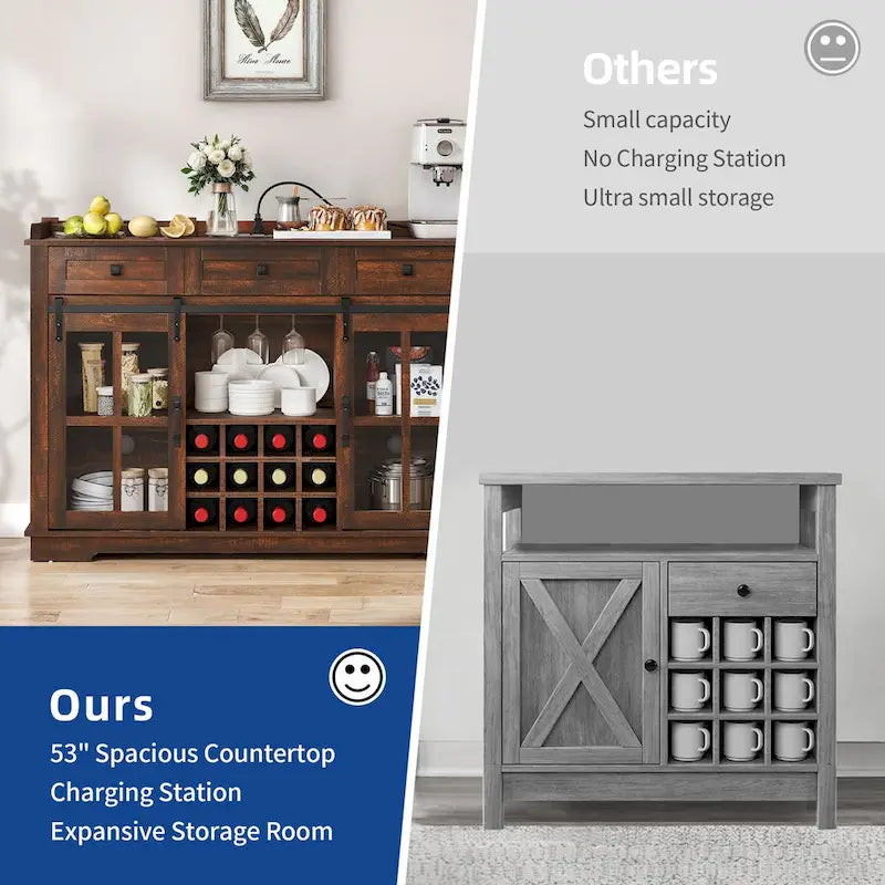 Venkovský příborník se stojanem na víno a úložnou skříňkou s šuplíky